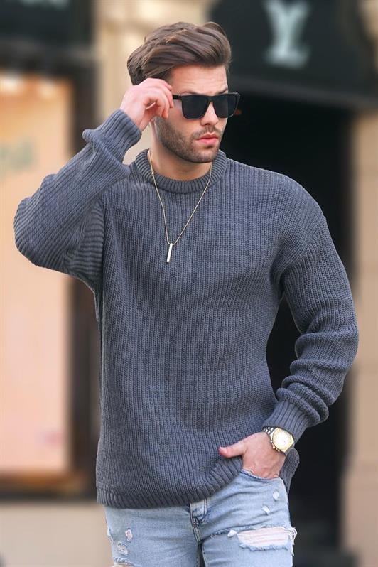 Antrasit Erkek Bisiklet Yaka Uzun Kollu Örme Kazak 7246