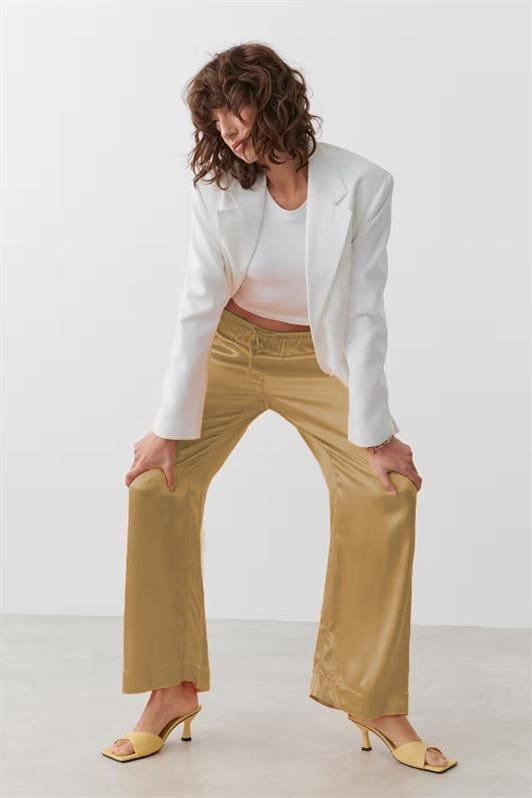 Bej Beli Büzgülü Saten Bol Paça Kadın Pantolon MG2019
