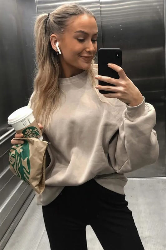 Bej Bisiklet Yaka Basic Kadın Sweatshirt MG1559