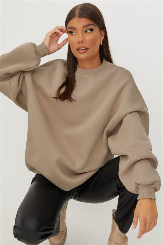 Bej Bisiklet Yaka Basic Kadın Sweatshirt MG1559