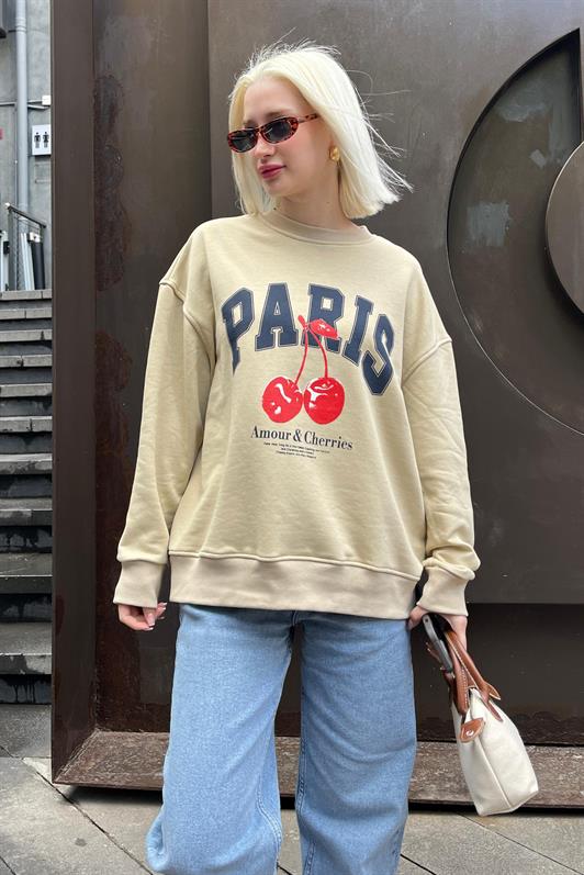 Bej Bisiklet Yaka Basic Sweatshirt MG2233