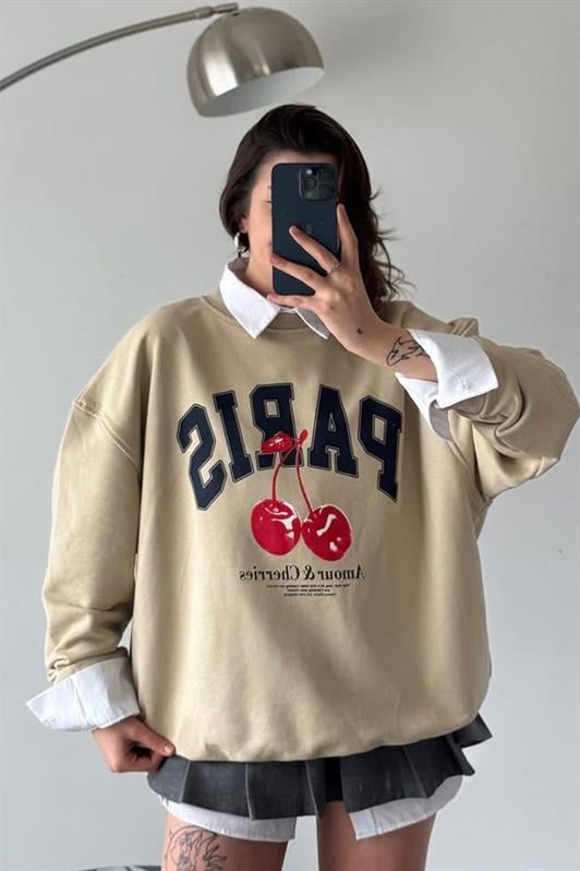 Bej Bisiklet Yaka Basic Sweatshirt MG2233