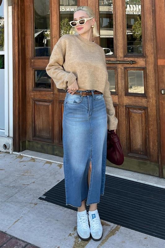 Bej Bisiklet Yaka Crop Kadın Kazak MG2166