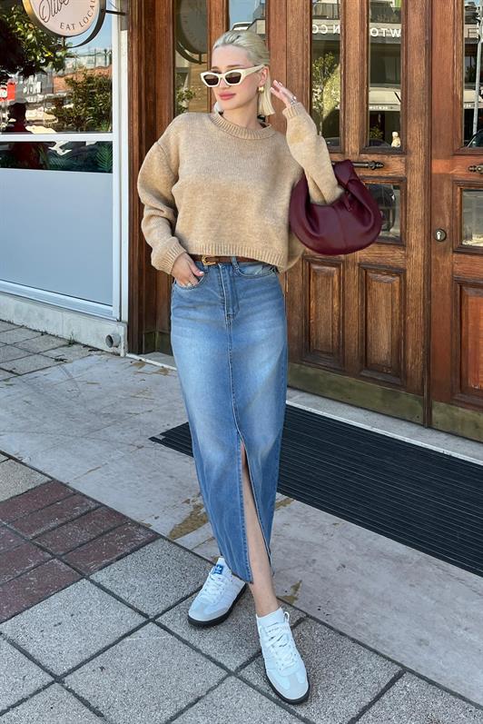 Bej Bisiklet Yaka Crop Kadın Kazak MG2166