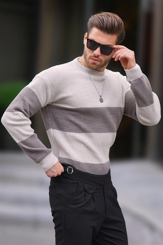 Bej Erkek Bisiklet Yaka Renk Bloklu Uzun Kollu Örme Kazak 7236