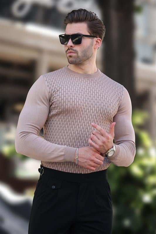 Bej Desenli Erkek Triko Kazak 7266