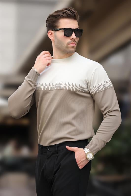 Bej Desenli İki Renk Bisiklet Yaka Erkek Triko Kazak 7276