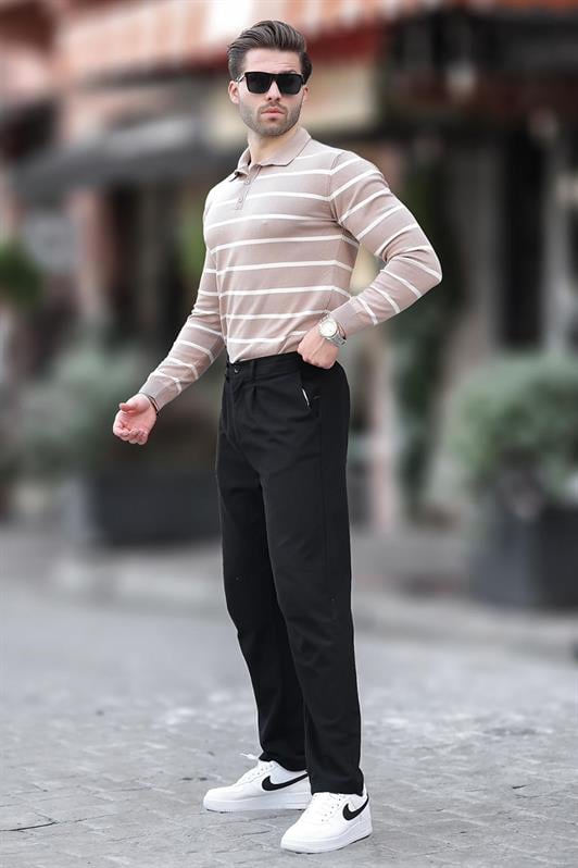 Bej Düğmeli Polo Yaka Çizgili Uzun Kollu Kazak 7263