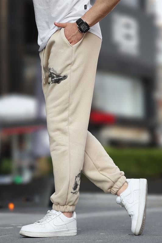 Bej Erkek Paçası Lastikli  Cep Detaylı Baskılı Eşofman Altı 6553