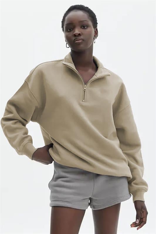 Bej Fermuar Detaylı Oversize Kadın Sweatshirt MG1933