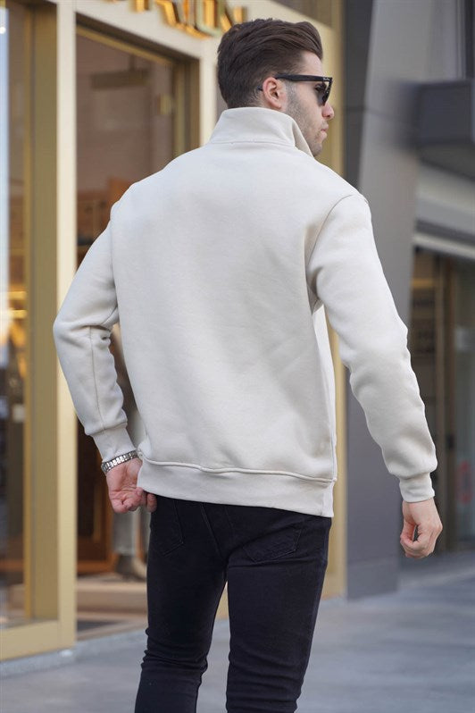 Bej Fermuar Yaka Nakışlı Erkek Sweatshirt 6028