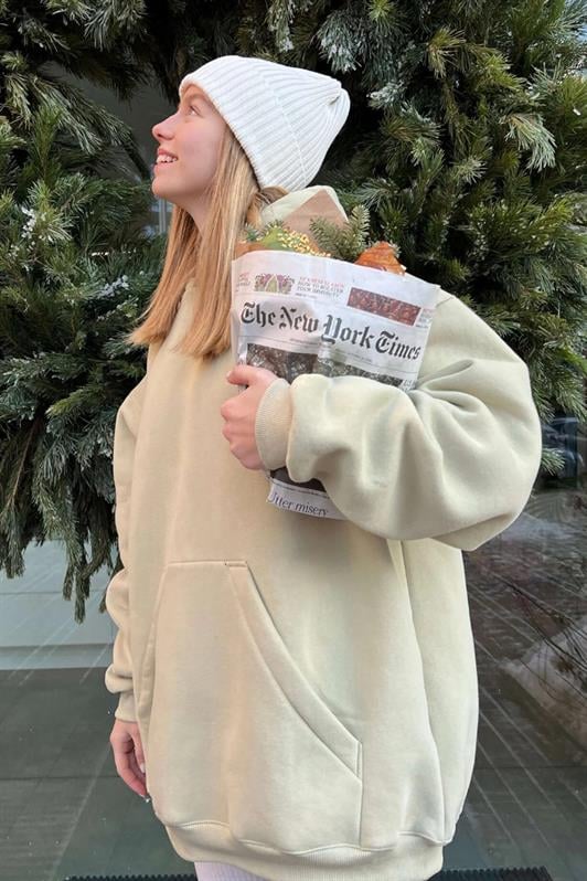 Bej Kapüşonlu Şardonlu Oversize Kadın Sweatshirt MG1566