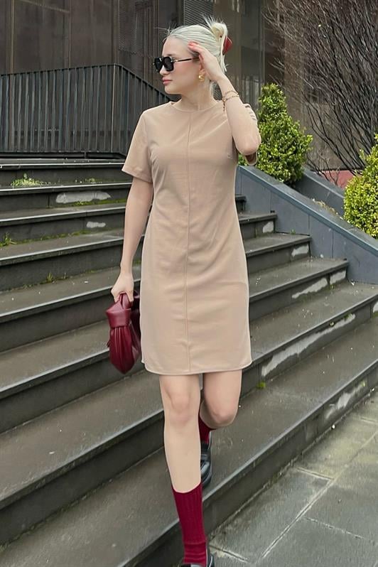 Bej Kısa Kollu Basic Mini Elbise MG2024