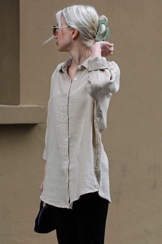 Bej Muslin Kumaş Basic Kadın Gömlek MG1660