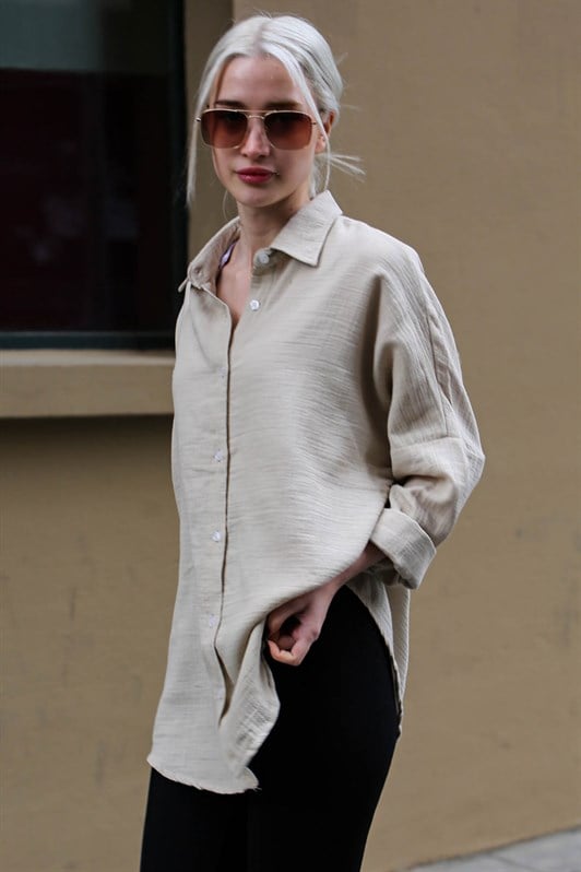 Bej Muslin Kumaş Basic Kadın Gömlek MG1660