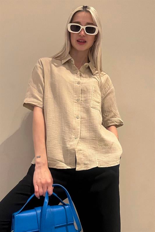 Bej Muslin Kumaş Basic Kadın Gömlek MG1784