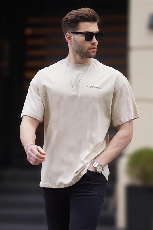 Bej Oversize Baskılı Erkek Tişört 6192