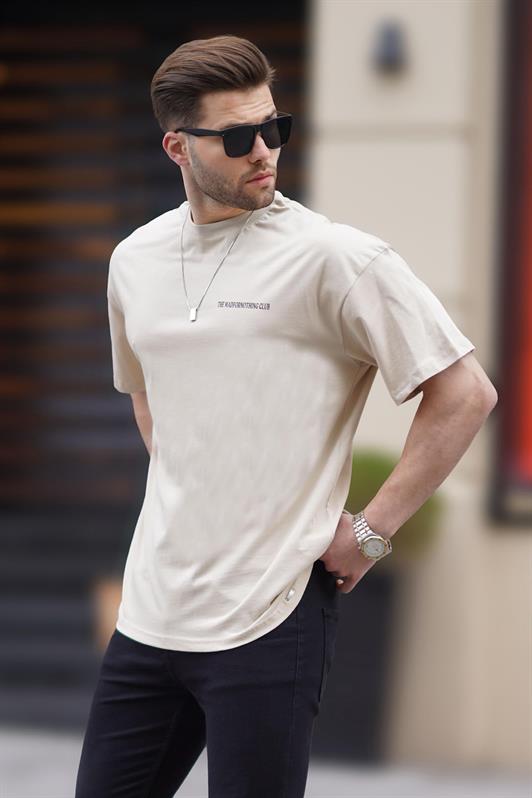 Bej Oversize Baskılı Erkek Tişört 6192