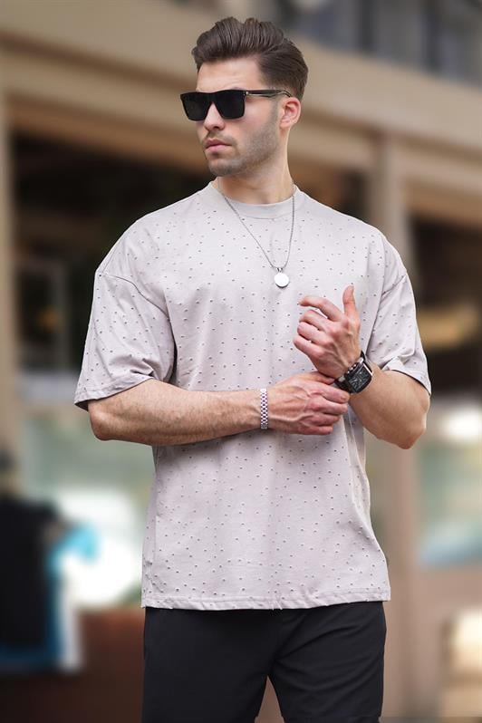 Bej Oversize Yırtık Deyatlı Pamuklu Erkek Tişört 7032