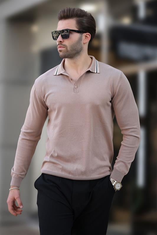 Bej Polo Yaka Düğmeli Uzun Kollu Kazak 7269