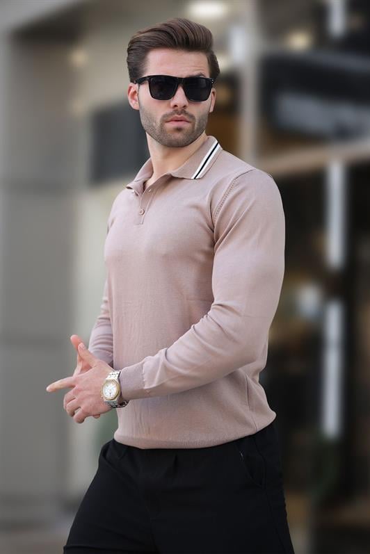 Bej Polo Yaka Düğmeli Uzun Kollu Kazak 7269