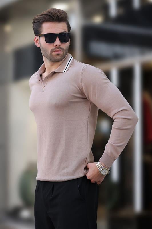 Bej Polo Yaka Düğmeli Uzun Kollu Kazak 7269