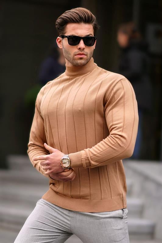 Bej Slim Fit Yarım Balıkçı Yaka Çizgili Tüylenmeyen Erkek Triko Kazak 6344