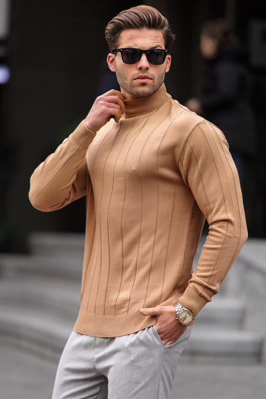 Bej Slim Fit Yarım Balıkçı Yaka Çizgili Tüylenmeyen Erkek Triko Kazak 6344