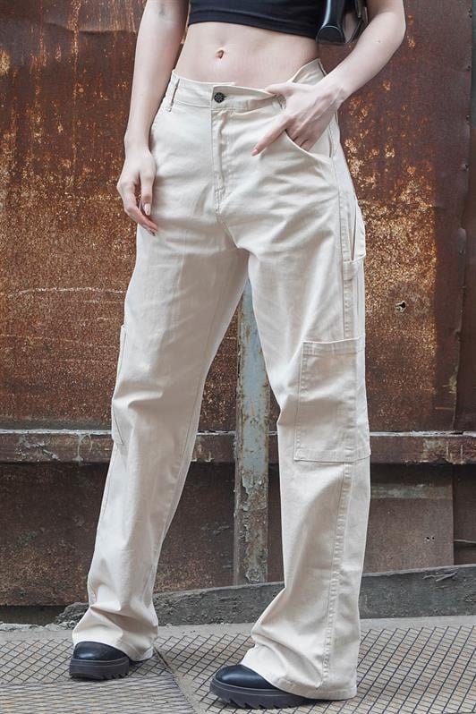 Bej Straight Fit Kadın Kargo Pantolon MG1601