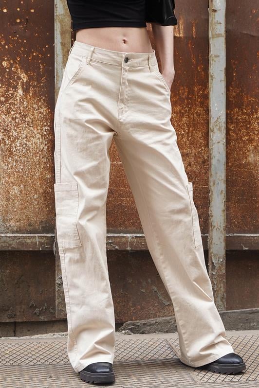 Bej Straight Fit Kadın Kargo Pantolon MG1601