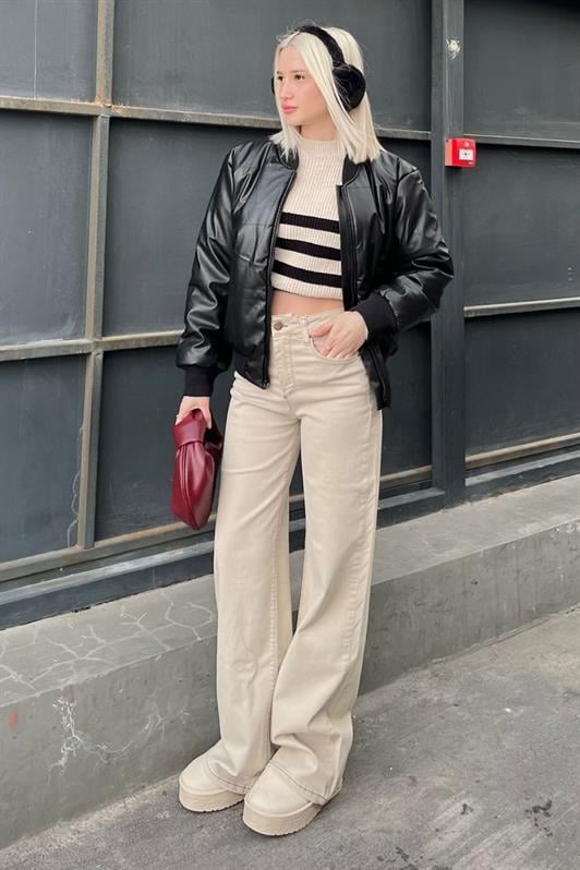 Bej Straight Wide Kadın Jean MG2000