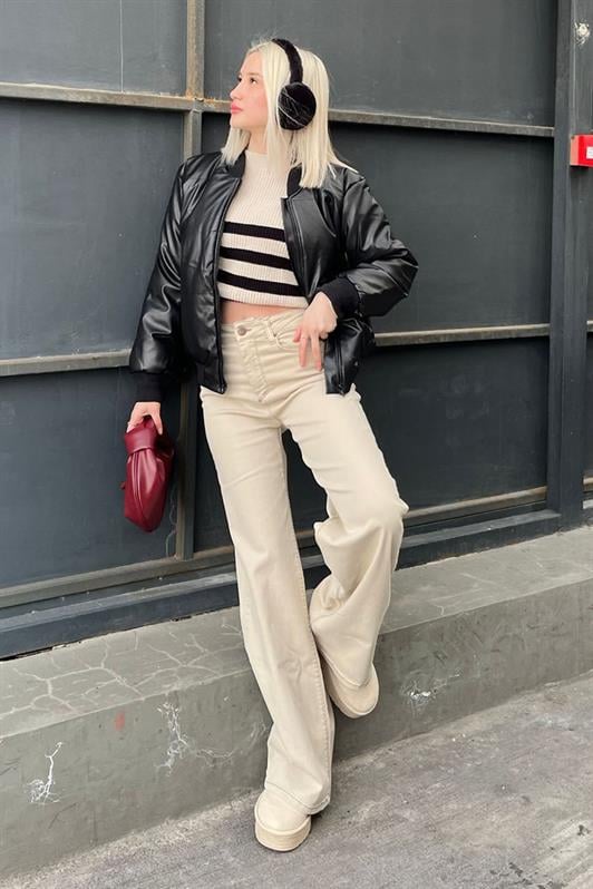 Bej Straight Wide Kadın Jean MG2000