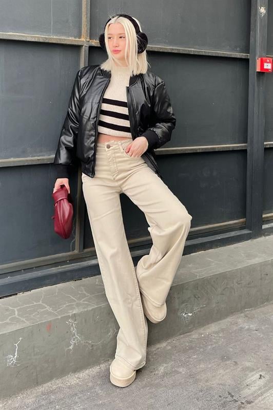 Bej Straight Wide Kadın Jean MG2000