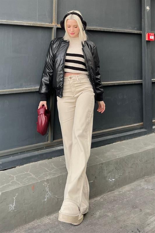 Bej Straight Wide Kadın Jean MG2000