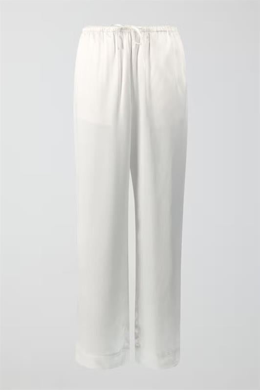 Beyaz Beli Büzgülü Saten Bol Paça Kadın Pantolon MG2019