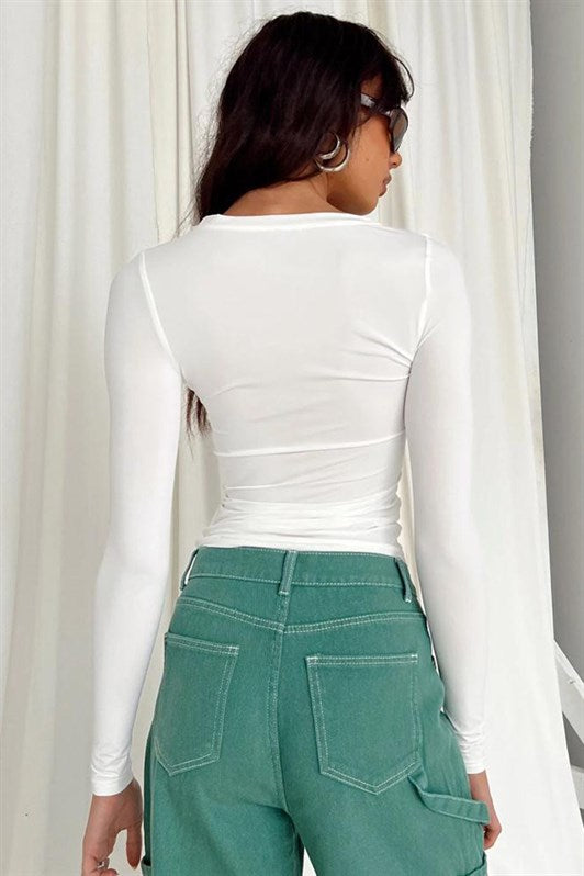 Beyaz Bisiklet Yaka Basic Uzun Kollu Body MG1701