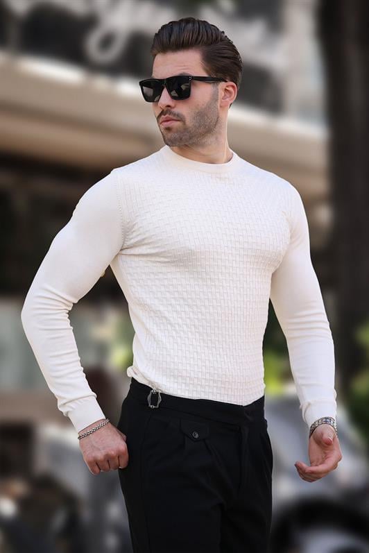 Beyaz Desenli Erkek Triko Kazak 7266