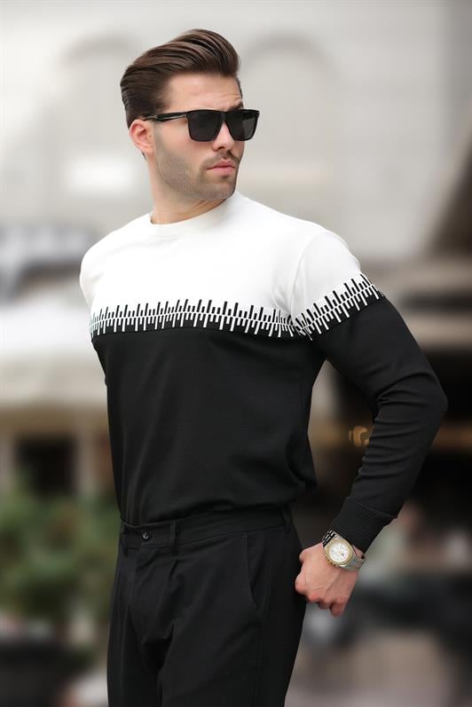 Beyaz Desenli İki Renk Bisiklet Yaka Erkek Triko Kazak 7276