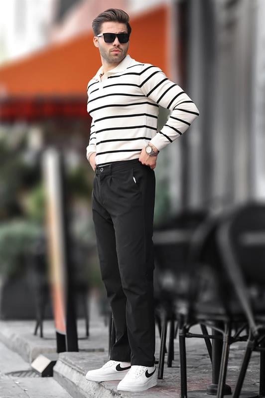 Beyaz Düğmeli Polo Yaka Çizgili Uzun Kollu Kazak 7263