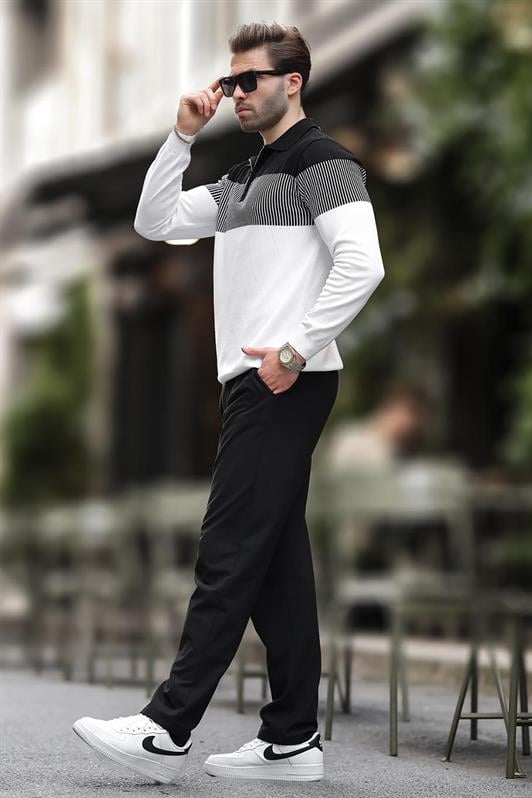 Beyaz Fermuar Yaka Renk Bloklu Uzun Kollu Kazak 7262