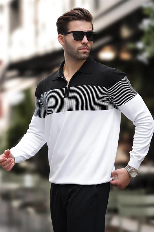 Beyaz Fermuar Yaka Renk Bloklu Uzun Kollu Kazak 7262