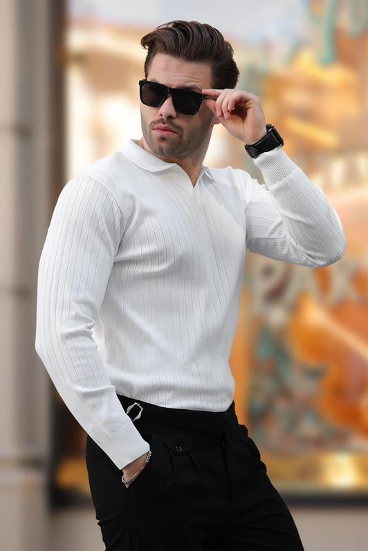 Beyaz Polo Yaka Çizgili Uzun Kollu Kazak 7239