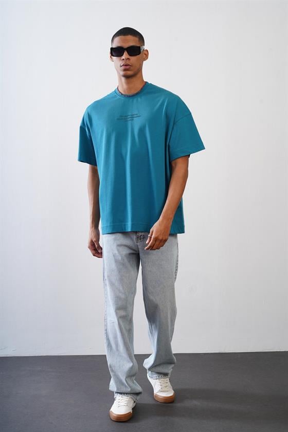 Bisiklet Yaka Önü Enjeksiyon Baskılı Oversize Kalıp Unisex Tshirt