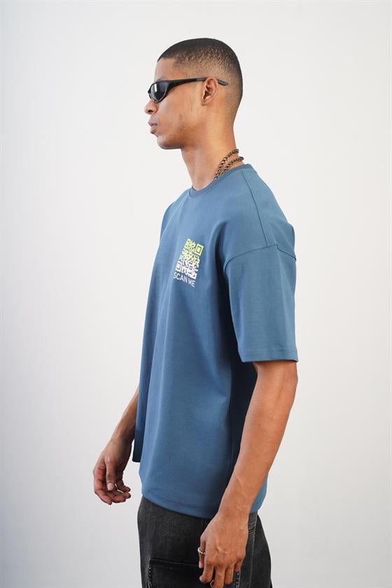 Bisiklet Yaka Önü ve Arkası Baskılı Oversize Kalıp Unisex Tişört