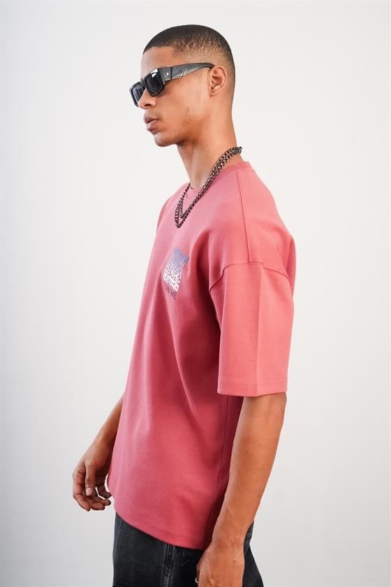 Bisiklet Yaka Önü ve Arkası Baskılı Oversize Kalıp Unisex Tişört