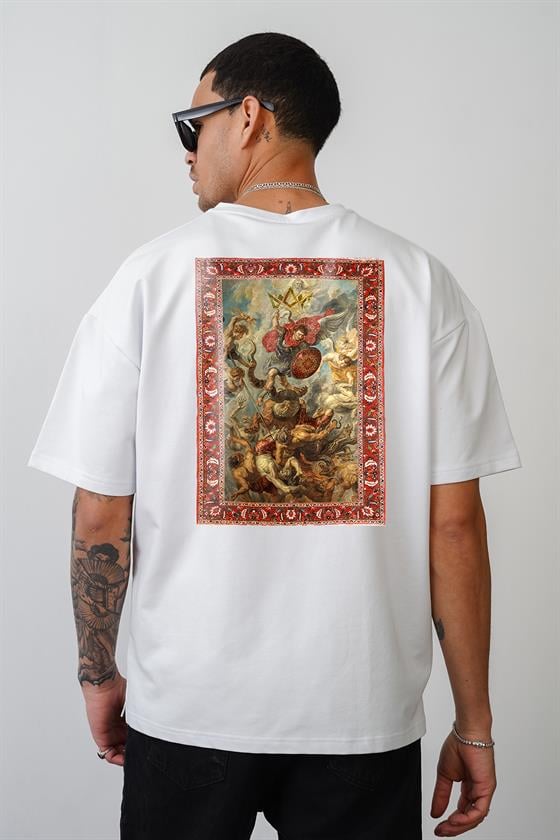 Bisiklet Yaka Önü ve Arkası Otlantik Kilim Desen Baskılı Oversize Kalıp Unisex Tişört