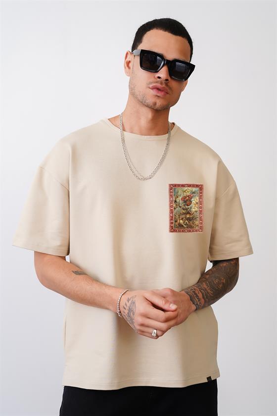 Bisiklet Yaka Önü ve Arkası Otlantik Kilim Desen Baskılı Oversize Kalıp Unisex Tişört