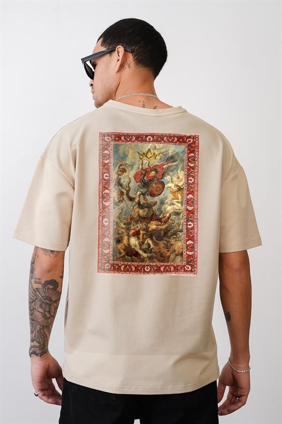 Bisiklet Yaka Önü ve Arkası Otlantik Kilim Desen Baskılı Oversize Kalıp Unisex Tişört