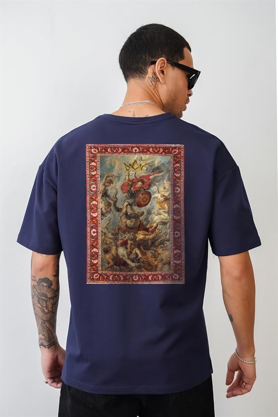 Bisiklet Yaka Önü ve Arkası Otlantik Kilim Desen Baskılı Oversize Kalıp Unisex Tişört