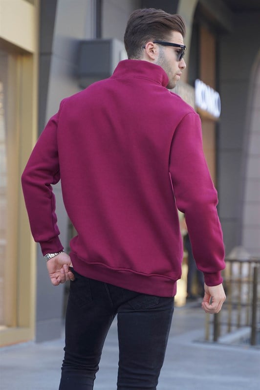 Bordo Fermuar Yaka Nakışlı Erkek Sweatshirt 6028